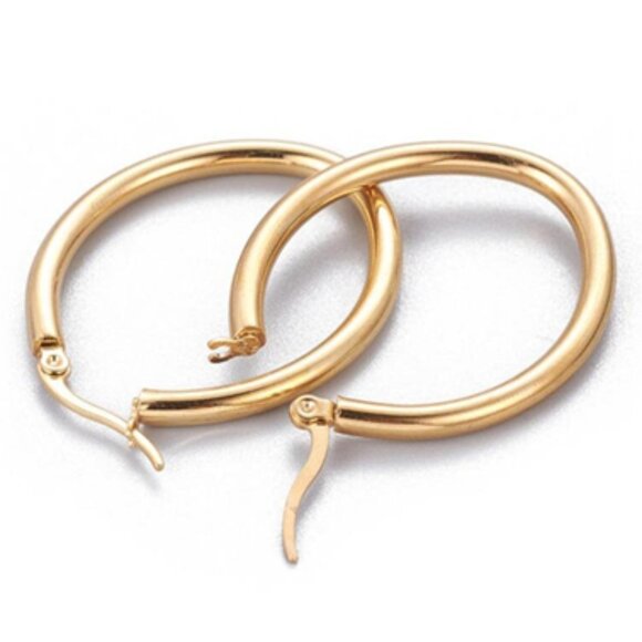 1 1/2 Inch 38mm Hoop Gold Pierced Post Earrings 3mm Wide Band - Picture 2 of 5